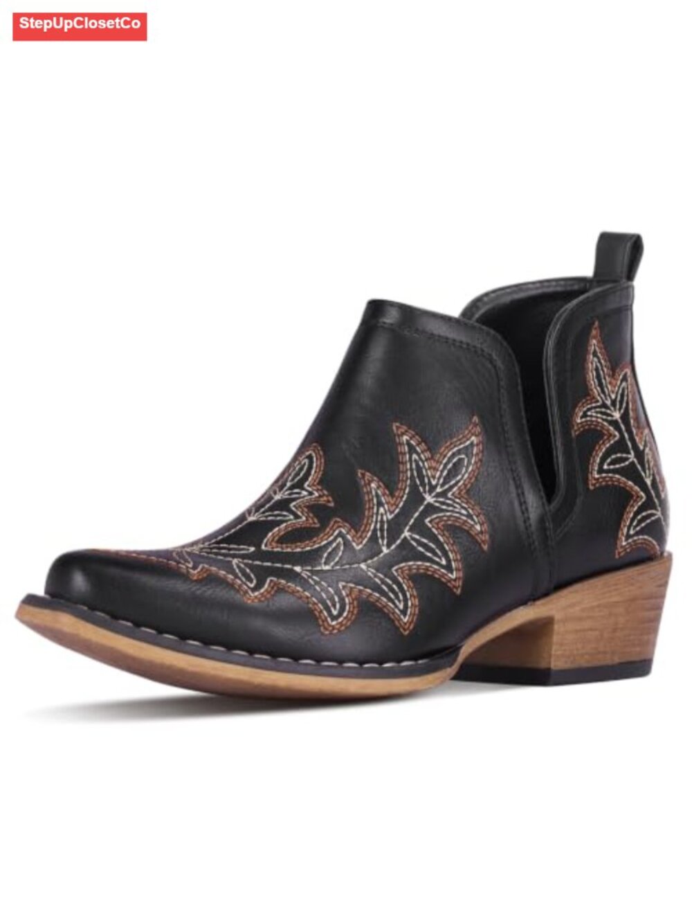 Faux Leather Ankle Cowboy Boots Snip Toe Block Heel Western Booties